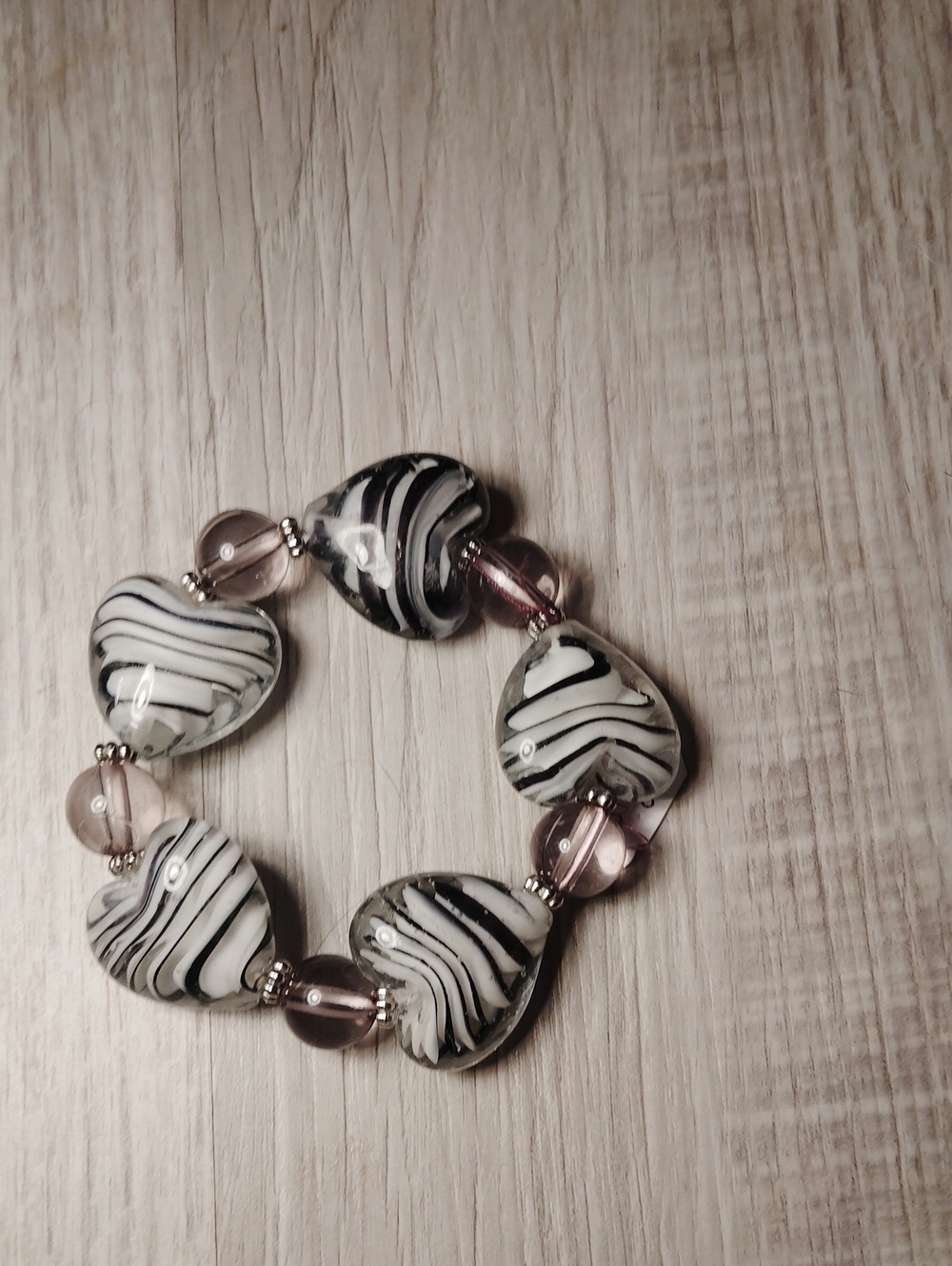 Black & White Zebra Heart Bead Stretch Bracelet with Pink Accents